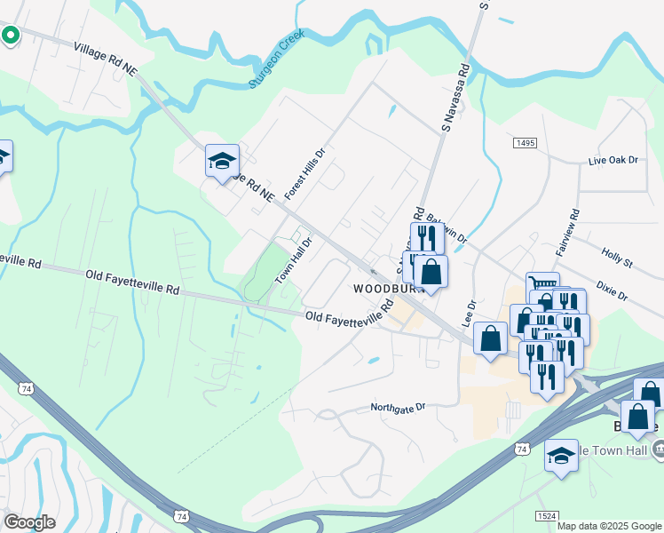 map of restaurants, bars, coffee shops, grocery stores, and more near 104 Parsley Lane in Leland