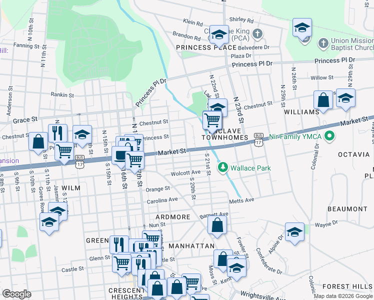 map of restaurants, bars, coffee shops, grocery stores, and more near Market St & N 20th St in Wilmington