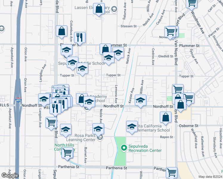 map of restaurants, bars, coffee shops, grocery stores, and more near 9176 Vincente Way in Los Angeles