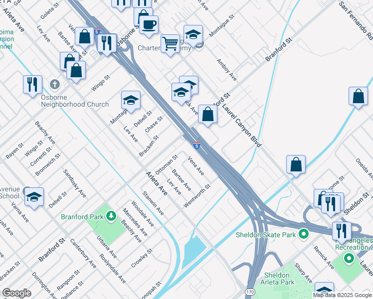 map of restaurants, bars, coffee shops, grocery stores, and more near 9228 Vena Avenue in Los Angeles