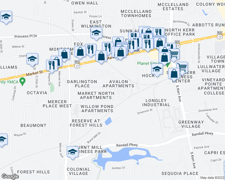 map of restaurants, bars, coffee shops, grocery stores, and more near 3601 Lancelot Lane in Wilmington