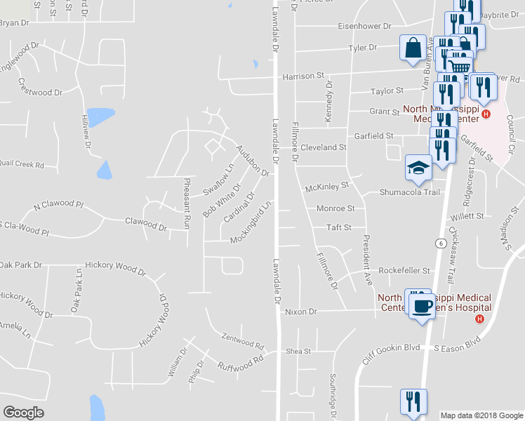 map of restaurants, bars, coffee shops, grocery stores, and more near 1203 Mockingbird Lane in Tupelo