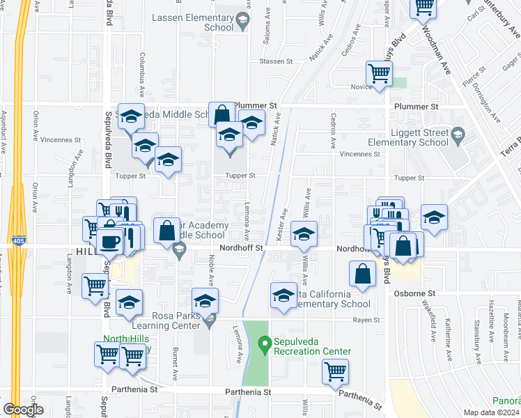 map of restaurants, bars, coffee shops, grocery stores, and more near 9152 Lemona Avenue in Los Angeles