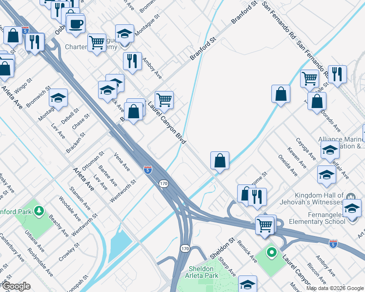 map of restaurants, bars, coffee shops, grocery stores, and more near 9253 Laurel Canyon Boulevard in Los Angeles