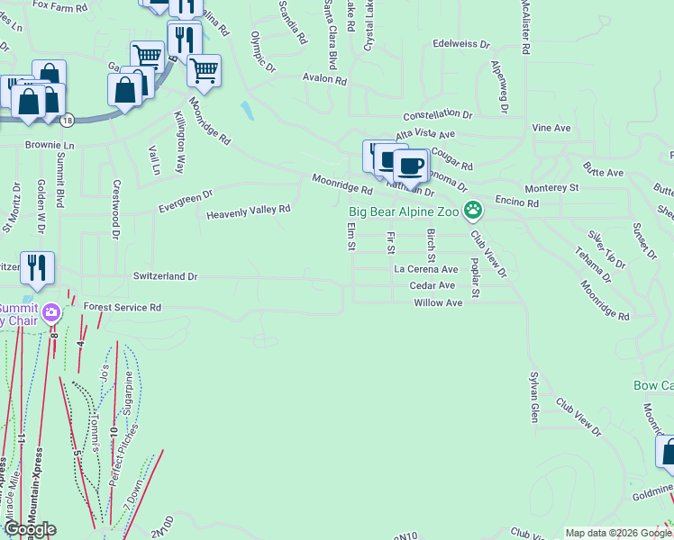 map of restaurants, bars, coffee shops, grocery stores, and more near 42484 Switzerland Drive in Big Bear Lake