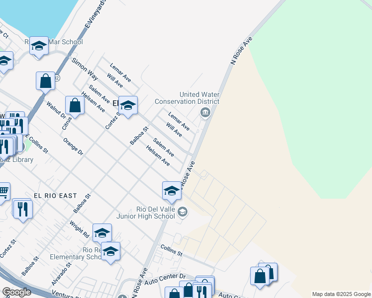 map of restaurants, bars, coffee shops, grocery stores, and more near 1063 Simon Way in Oxnard