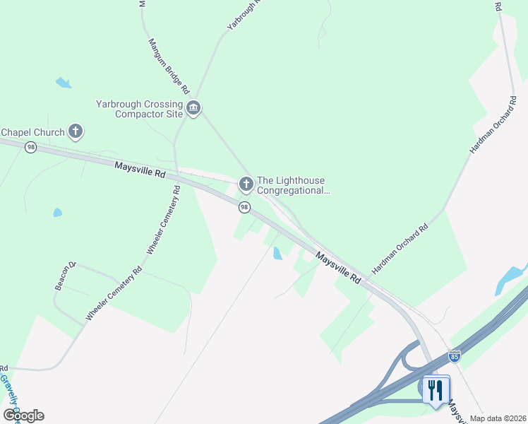 map of restaurants, bars, coffee shops, grocery stores, and more near 5830 Maysville Road in Commerce