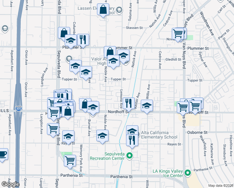 map of restaurants, bars, coffee shops, grocery stores, and more near 9176 Vincente Way in Los Angeles