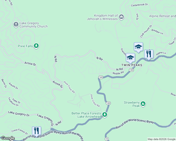 map of restaurants, bars, coffee shops, grocery stores, and more near 25566 Hi Place in Crestline