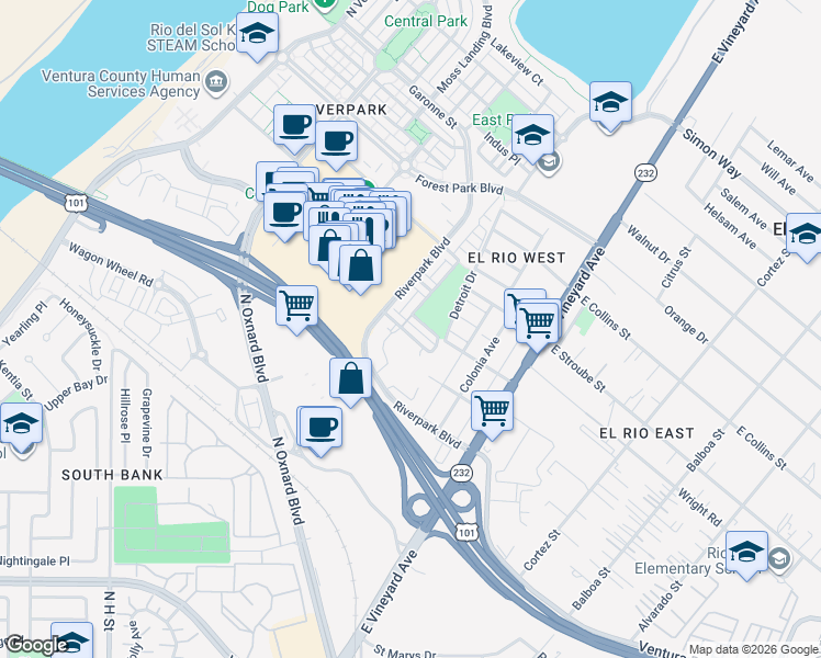 map of restaurants, bars, coffee shops, grocery stores, and more near 327 American River Court in Oxnard