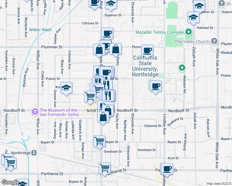 map of restaurants, bars, coffee shops, grocery stores, and more near 18407 Dearborn Street in Los Angeles