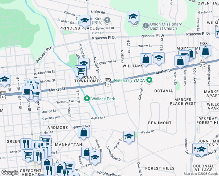 map of restaurants, bars, coffee shops, grocery stores, and more near 9 Brookwood Avenue in Wilmington
