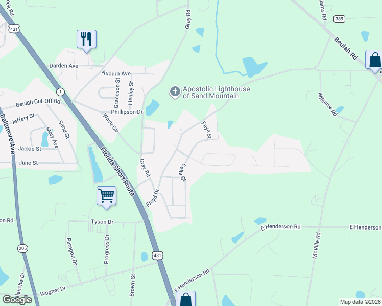 map of restaurants, bars, coffee shops, grocery stores, and more near 204 Celia Street in Boaz