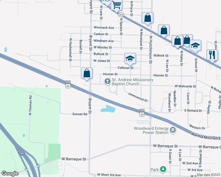 map of restaurants, bars, coffee shops, grocery stores, and more near 5 West Millaway Drive in Pine Bluff