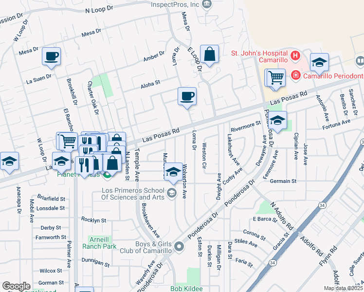 map of restaurants, bars, coffee shops, grocery stores, and more near 1931 Wolverton Avenue in Camarillo
