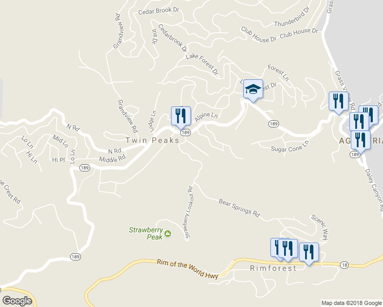 map of restaurants, bars, coffee shops, grocery stores, and more near 873 Bear Springs Road in Twin Peaks