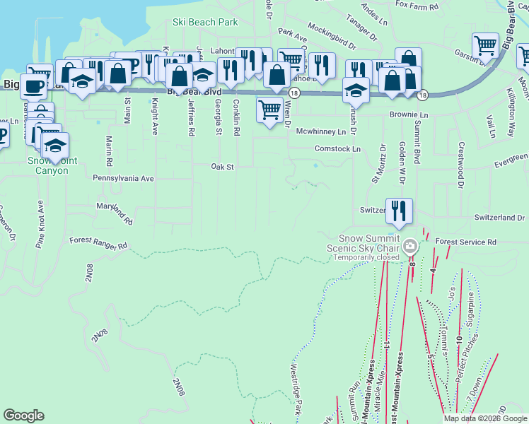 map of restaurants, bars, coffee shops, grocery stores, and more near 830 Oriole Drive in Big Bear Lake
