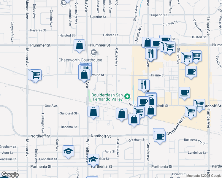 map of restaurants, bars, coffee shops, grocery stores, and more near 9201 Oakdale Avenue in Los Angeles