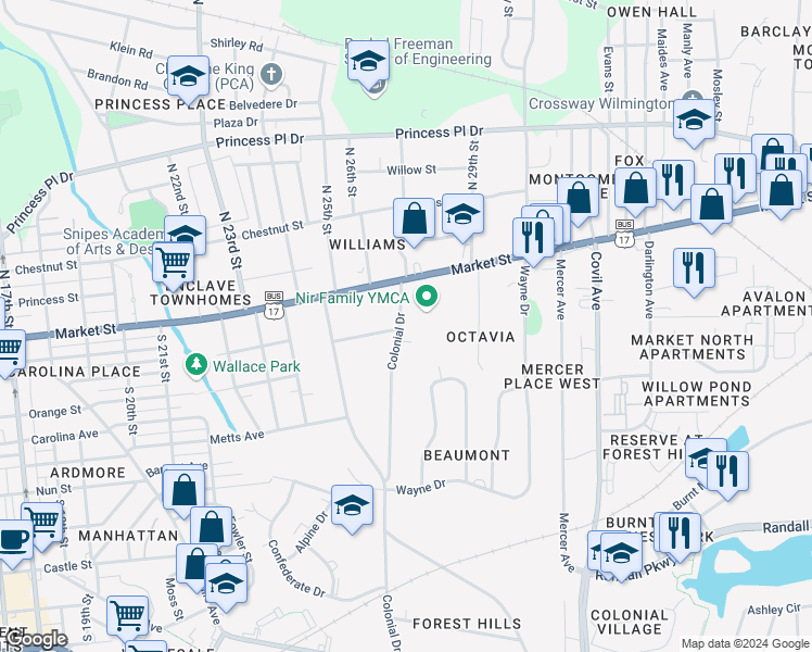 map of restaurants, bars, coffee shops, grocery stores, and more near 107 Colonial Drive in Wilmington