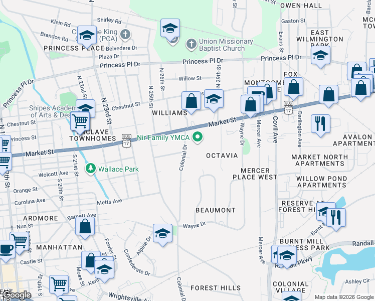 map of restaurants, bars, coffee shops, grocery stores, and more near 107 Colonial Drive in Wilmington