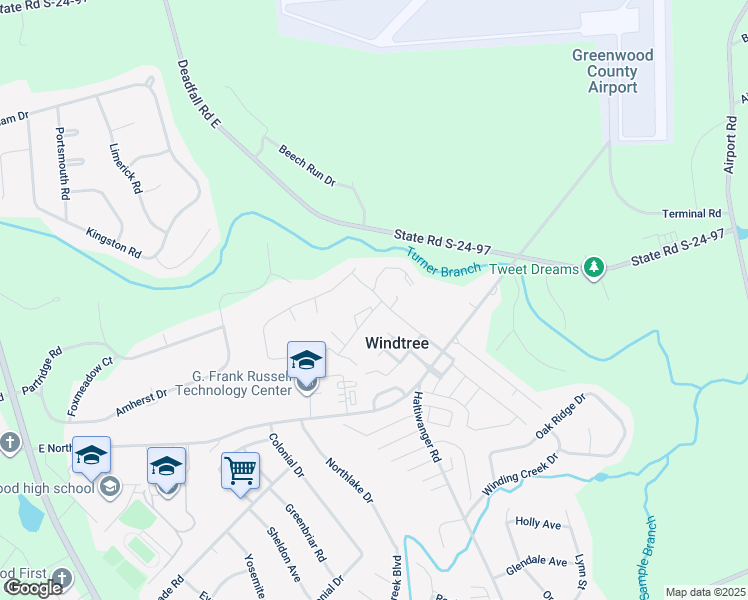 map of restaurants, bars, coffee shops, grocery stores, and more near 102 Windtree Court in Greenwood