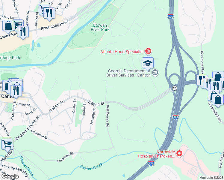 map of restaurants, bars, coffee shops, grocery stores, and more near 130 Woodland Road in Canton