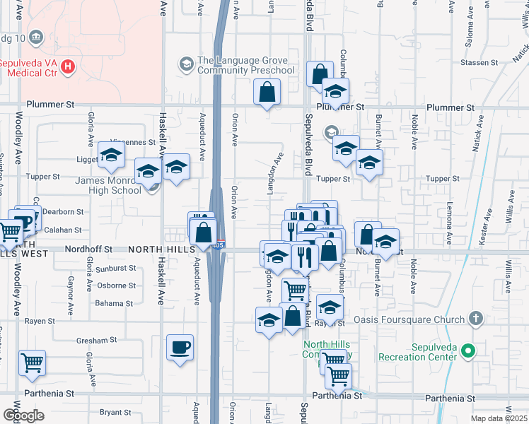 map of restaurants, bars, coffee shops, grocery stores, and more near 9201 Langdon Avenue in Los Angeles
