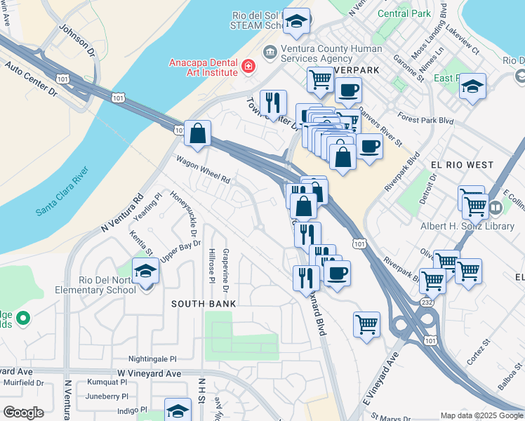 map of restaurants, bars, coffee shops, grocery stores, and more near 321 Cactus Drive in Oxnard