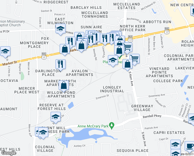 map of restaurants, bars, coffee shops, grocery stores, and more near 100 Wetsig Road in Wilmington