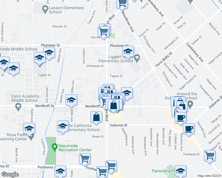 map of restaurants, bars, coffee shops, grocery stores, and more near 9210 Van Nuys Boulevard in Los Angeles