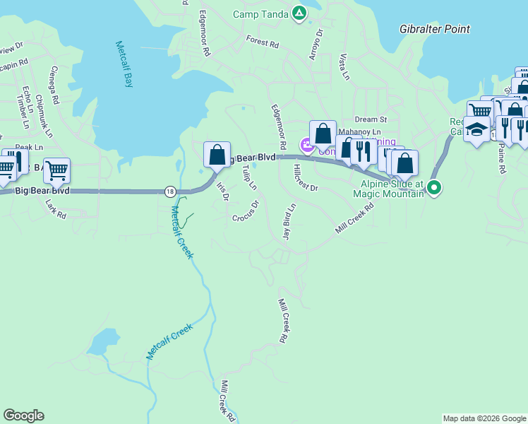 map of restaurants, bars, coffee shops, grocery stores, and more near 844 Tulip Lane in Big Bear Lake