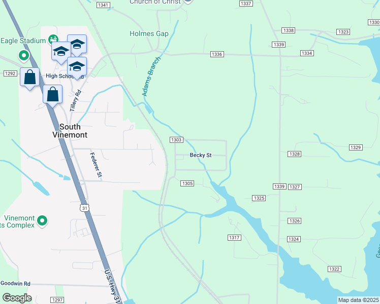 map of restaurants, bars, coffee shops, grocery stores, and more near 61 County Road 1304 in Cullman