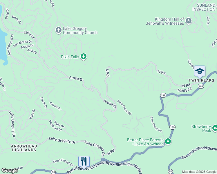 map of restaurants, bars, coffee shops, grocery stores, and more near 25286 North Road in Twin Peaks