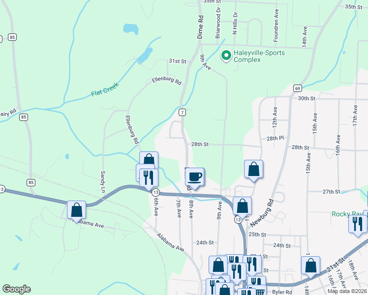 map of restaurants, bars, coffee shops, grocery stores, and more near 2756 Dime Road in Haleyville