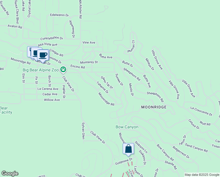 map of restaurants, bars, coffee shops, grocery stores, and more near 798 Silver Tip Drive in Big Bear Lake