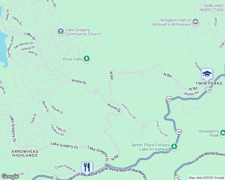 map of restaurants, bars, coffee shops, grocery stores, and more near North Road in Twin Peaks