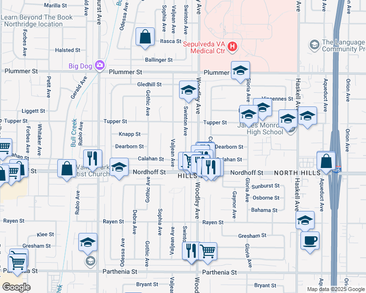 map of restaurants, bars, coffee shops, grocery stores, and more near 9161 Swinton Avenue in Los Angeles