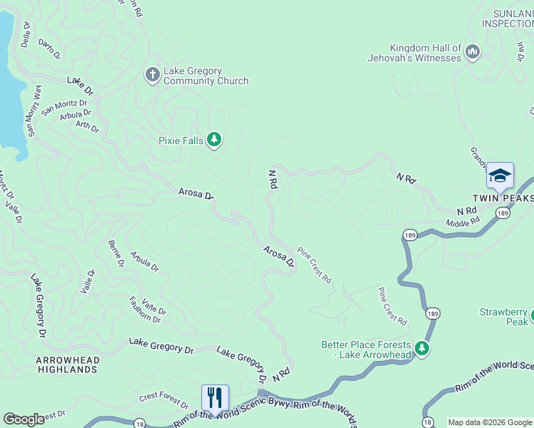map of restaurants, bars, coffee shops, grocery stores, and more near 25286 North Road in Twin Peaks