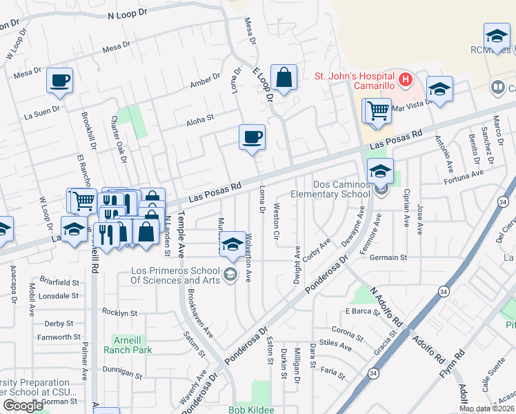 map of restaurants, bars, coffee shops, grocery stores, and more near 1933 Loma Drive in Camarillo