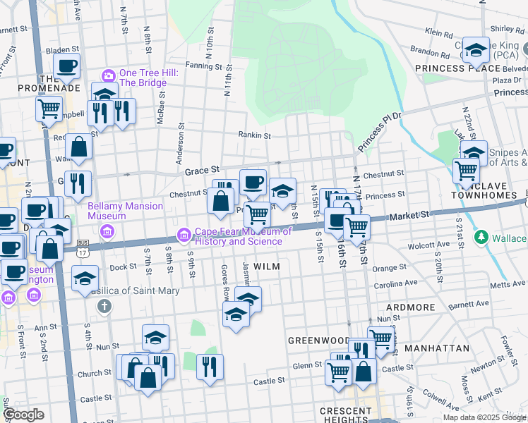 map of restaurants, bars, coffee shops, grocery stores, and more near 1254 Princess Street in Wilmington