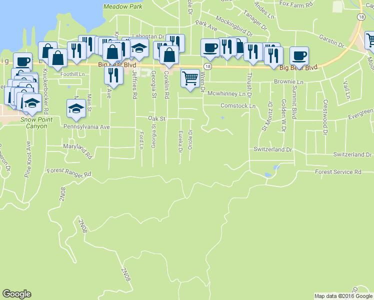 map of restaurants, bars, coffee shops, grocery stores, and more near 830 Oriole Drive in Big Bear Lake