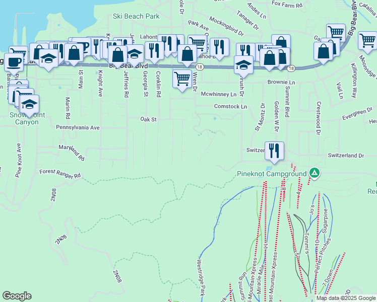 map of restaurants, bars, coffee shops, grocery stores, and more near 831 Oriole Drive in Big Bear Lake