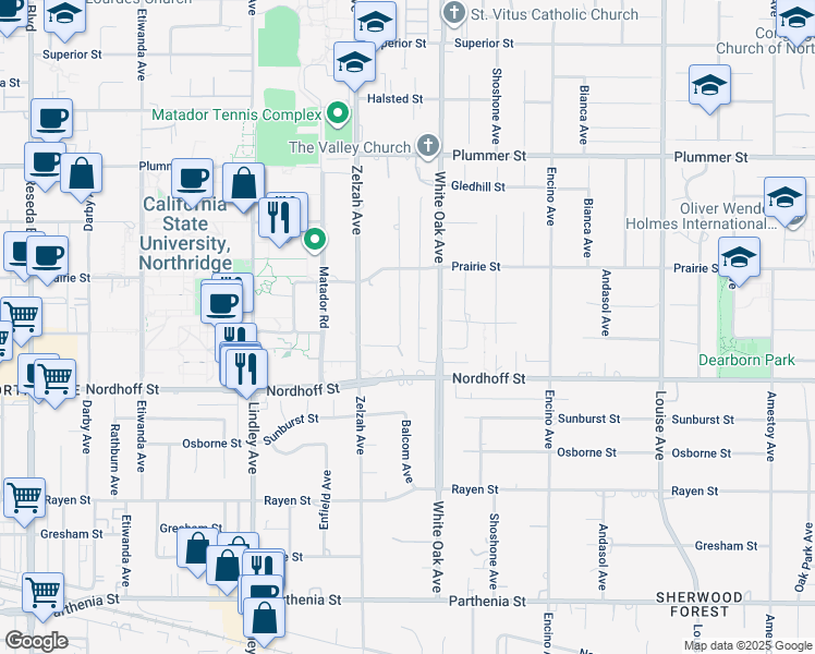 map of restaurants, bars, coffee shops, grocery stores, and more near 9152 Balcom Avenue in Los Angeles