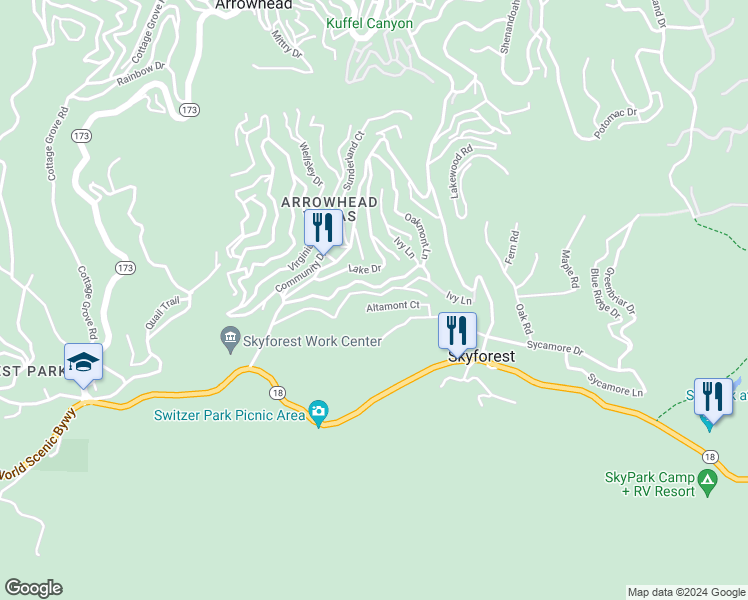 map of restaurants, bars, coffee shops, grocery stores, and more near 28363 Larchmont Lane in San Bernardino County
