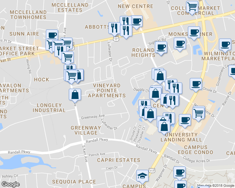 map of restaurants, bars, coffee shops, grocery stores, and more near 239 Durango Place in Wilmington