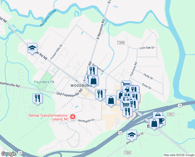 map of restaurants, bars, coffee shops, grocery stores, and more near 111 Willetts Lane in Leland