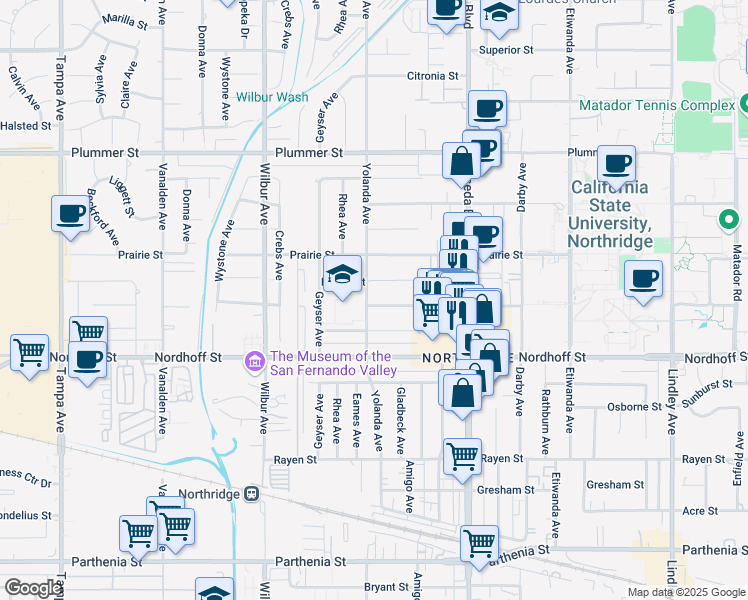 map of restaurants, bars, coffee shops, grocery stores, and more near 9200 Yolanda Avenue in Los Angeles