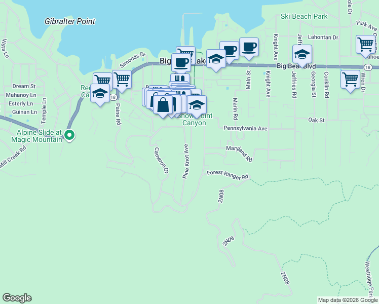 map of restaurants, bars, coffee shops, grocery stores, and more near 833 Pine Knot Avenue in Big Bear Lake
