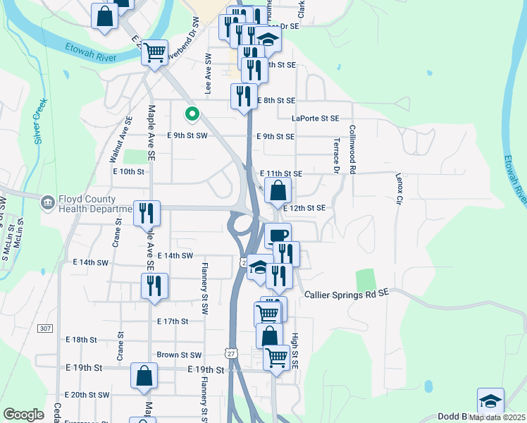 map of restaurants, bars, coffee shops, grocery stores, and more near 520 East 12th Street Southeast in Rome