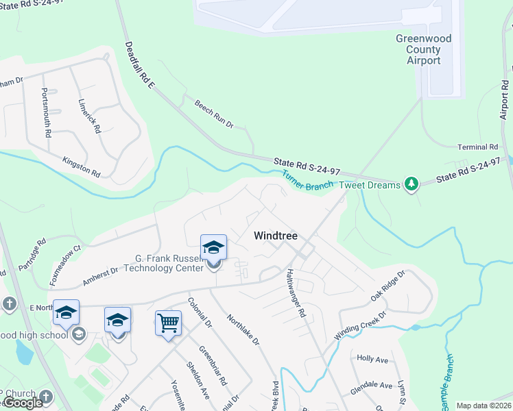map of restaurants, bars, coffee shops, grocery stores, and more near 102 Windtree Court in Greenwood